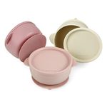 PandaEar 3 Pack Silicone Baby Bowls with Suction| Leak-Proof Stay Put Silicone Bowls with Lids for Babies Kids Toddlers Infants| Food Grade Soft Safe BPA-Free (Pink Rose Linen)