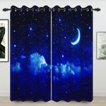 Umpoo Starry Sky Blackout Window Curtains Night Bright Moon Twinkle Stars Dark Blue Window Drapes 2 Panel Set for Kids Room Nursery Playroom Bedroom Window Treatments Fabric, 52x63 Inch