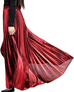 Flygo Women's Metallic Shiny Shimmer Accordion Pleated Swing Long Maxi Party Skirt (Small, Red)