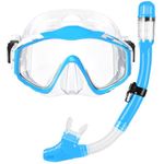 Snorkel Set Adults Snorkeling Mask Anti-Leak and Anti-Fog Tempered Glass Lens Panoramic View Dry Top Snorkel Kit for Snorkeling Scuba Diving Swimming Travel (Blue)