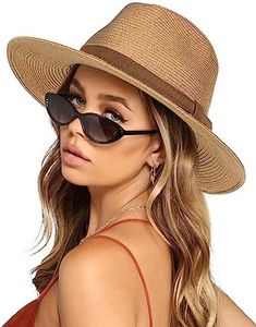 FURTALK Womens Mens Wide Brim Straw Panama Hat Fedora Summer Beach Sun Hat UPF Straw Hat for Women, Khaki/Brown