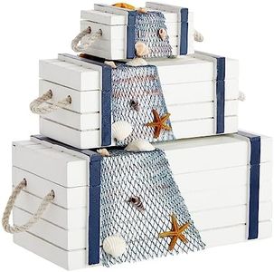 Nautical Box Set, Beach Theme Wooden Jewelry Boxes for Ocean Decor (3 Sizes)