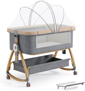 Baby Bassinet, Bedside Bassinet for Baby, 4 in 1 Portable Bedside Sleeper with Wheels Mosquito Net & Storage Basket, 6 Height Adjustable Rocking Bassinet for Newborn Baby