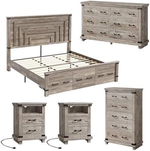 AMERLIFE 5 Pieces Farmhouse Bedroom Set, Includes Rustic King Bed Frame with 51" Tall Headboard, 6 Drawer Dresser, 5 Drawer Tall Chest, Nightstands Set of 2 with Charging Station, Rustic Grey
