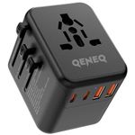 QENEQ Universal Travel Adapter International World Adapter 5 in 1 European Travel Plug Fast Charger 2xUSB-A 2xUSB C Worldwide AC Outlet Adaptateur Voyage Adaptor Universal for Europe USA UK AUS Asia