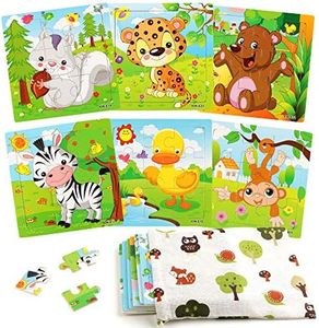 SYNARRY 6 Pack Wooden Jigsaw Puzzles for Kids Ages 2-5 Years Old, 9 Pieces Toddlers Animal Puzzles, Educational Preschool Learning Toys for Children Boys and Girls, Best Kids Puzzle Toys & Gifts