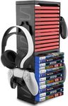 New World Game Storage Tower Stand for PS5/ PS4/ Xbox Series S & X/Xbox, Universal Video Games Discs Organizers 24 PCS with 4 Controllers Holder, Game Disk Box Stand Rack Accessories - Black