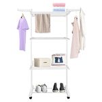 Bigzzia Clothes Drying Rack Folding Clothes Rail 4 Tier Clothes Horses Rack Stainless Steel Laundry Drying Rack Stand with Two Side Wings-White