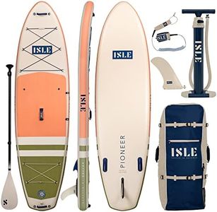 ISLE Pioneer Aufblasbares Stand up Paddle Board, inkl. Sicherheitsleine, 3-Finnensystem, Rucksack, Pumpe, Paddel - Einsteiger SUP - 320x86x15cm - max. 129kg - California Design - Pfirsich/Moosgrün