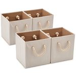 EZOWARE Set of 4 Fabric Bamboo Fabric Storage Basket Bins with Cotton Rope Handle, Foldable Organiser Cube for Nursery Baby Kids Room Toys Home Shelving – 28x28x28 cm / Beige