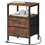 HOOBRO Nightstand with Charging Station, Bedside Table with 2 Fabric Drawers, Side Table with Outlet and USB Ports, End Table with Open and Hidden Storage, Rustic Brown BF110UBZ01