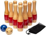 Lawn Bowling Game/Skittle Ball- Indoor and Outdoor Fun for Toddlers, Kids, Adults –10 Wooden Pins, 2 Balls, and Mesh Bag Set by Hey! Play! (11 Inch)