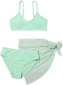 OYOANGLE Girl's 3 Piece Swimsuit Sets Solid Spaghetti Strap Bikini Swimsuit with Beach Skirt Green 130
