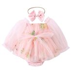 ODASDO Newborn Baby Girl Romper Dress Flower Embroidery Tutu Princess Long Sleeve One-Piece Bodysuit Cake Smash Outfit, Pink, 12-18 Months