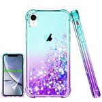 Pilaru for iPhone XR Case [with Screen Protector] Clear Liquid Heart Glitter Bumper Cover Soft TPU Cover Transparent Girly Protective Holographic Heart Phone Case for iPhone XR,Teal/Purple