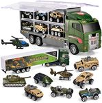 Joyfia 10 in 1 Die-cast Military Truck Army Vehicle Mini Battle Car Toy Set in Carrier Truck, Army Toys for 3+ Years Old Kids Boys Girls