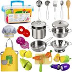 EFO SHM Interactive Learning Role Play Toy for Toddler Boys Girls Kitchen Accessories, Wooden Stainless Steel Cookware Pot & Pan , Food Cooking Utensil Chef Set