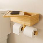 Wealone 3-in-1 Toilet Paper Holder with Shelf and Storage, Bamboo Dual Toilet Tissue Roll Holder Wall Mount, Toilet Wipes Dispenser Organizer, Temporary Desktop for Bathroom with 180° Rotatable Lid