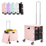 Foldable Utility Cart with Lid 65L Folding Portable Rolling Crate Heavy Duty Collapsible Basket with Handle, 4 Resistant Noiseless 360°Rotate Wheel for Office Shopping Camping Travel Moving, Pink