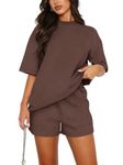 REORIA Women Cotton Short Sleeve Tracksuit Set Crew Neck Solid Color Shirt and Shorts with two Pockets two piece Outfit co ord Sets Coffee S