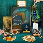 5 Senses Co. Prosperity Diwali Gift Luxury Hamper- Contains Chocolate Almonds, Kashmiri Kahwa Green Tea, Pyrite Bracelet for Wealth | Resin Pooja Diya Thali & Ganesh Hanging | Premium Diwali Gift Box for Family & Friends | Corporate Diwali Gifts