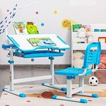 COSTWAY Kids Desk and Chair Set, Height Adjustable Student Study Table with Drawable & Tilted Desktop, Book Stand, LED Lamp and Pull-Out Drawer, for Writing, Reading and Drawing (Blue)
