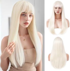 Platinum Blonde Wigs with Bangs for Women Long Blonde Straight Wig for Grils Heat Resistant Synthetic Colored Wig for Cosplay for Party Halloween Daily Use 24inch