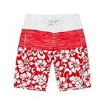 Men's Spandex Hawaiian Beach Board Shorts with Zipped Pocket in Classic Hibiscus Print in Red 30