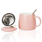 Ceramics Tea Cup with Loose Leaf Infuser, Spoon and Lid, 15oz, Candiicap Large Tea Infuser Mug for Tea, Coffee, Milk-Microwave and Dishwasher Safe(15oz,Matte Pink)