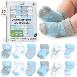 Mother's Choice Organic Cotton Baby Socks, 12 Pairs, Unisex 0-6 Months - Soft, Hypoallergenic Newborn & Infant Socks - Baby Girl & Boy Gifts, (12Pcs, Blue - Gray - White)