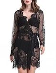 LIQQY Women's Floral Lace Robe Sexy Bathrobe Night Dressing Sleepwear (XX-Large, Black)