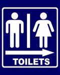 Toilets (Men and Women) with Right Arrow sign board, Acrylic board fixed with Blue color Waterproof sticker, back side double side tape