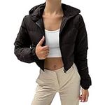 Women's Hooded Cropped Down Jackets Long Sleeve Elastic Hem Coats Quilted Winter Full Zip Relaxed Fit Puffer Jackets(Black,M)