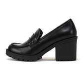 Soda “Kinder” ~ Women Slip On Chunky Mid Heel Lug Sole Penny Loafer Shoe, Black Pu, 8.5