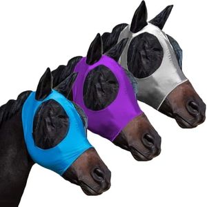 HUAME Fly Masks for Horses with Ears Set of 3, Comfort Fit Stretchy Fabric with UV Protection Soft on Skin Breathability for Average Size Horses (Blue-Purple-Gray)