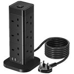 5M Tower Extension Lead with USB Slots, Hotimy 12 AC Outlets Surge Protected Extension Lead with 4 USB Ports Power Strip Multi Socket Plug Extension Black Extension Cords for Home, Office, Kitchen