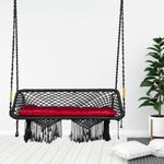 Swingzy Large Premium Double Seater Swing Chair/Hammock Chair for Home, Indoor, Outdoor, Garden/Hanging Hammock Swing Chair for 2 People/Jhula for Adults with Hanging KIT with Cushion Black Polyester