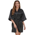 flintronic Women's Satin Kimono Robe, Lightweight Luxury Dressing Gown, Short Nightdress Bridal Robe with 3/4 Sleeve, Dressing Gown with Oblique V-Neck, for Spa/Hotel/Loungewear Sleepwear, Black, L