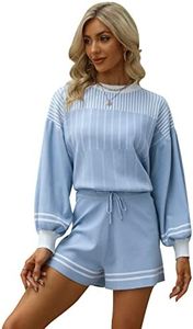 Gihuo Women' s Striped 2 Piece Outfits Crewneck Knit Pullover Sweater Shorts Set Wide Leg Matching Set Loungewear, Blue, Small