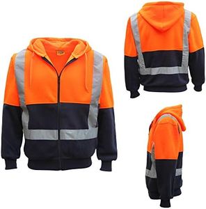 HI VIS Reflective Tape Fleece-lined Jacket FullZip Safety Hoodie Workwear Jumper, Fluro Orange / Navy, 3XL