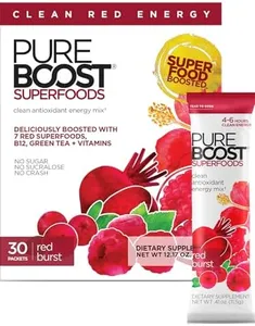 Pureboost Superfoods Clean Energy Booster, Refreshing Energy Drink Mix with 7 Organic Red Superfoods; Beet, Hibiscus, Pomegranate and Vitamins. Sugar-Free Energy. No Sucralose (Red Burst, 30 Count)