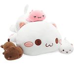 Cat Stuffed Animal Mommy 19.7" with 3 Baby Kitty Plushies, 4 Piece of Cute Cat Plush Pillow Toys for Kids Girls Boys (White Cat Famil)