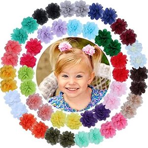 WillingTee 50pcs 2" Chiffon Flower Hair Bows Tiny Clips for Girls Fully Lined Non Slip Baby Clips Hair Accessories for Baby Girls Newborns Infants Toddlers 25 Colors in Pairs