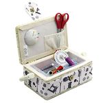 Small Sewing Basket with Supplies, Sewing Kit Storage Box for Girls/Kids/Beginners (White, Sewing Accessories Pattern)