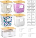 4+1 Pack Laundry Room Organization Containers,Clear Laundry Pods Container,Large Laundry Detergent Powder Storage Containers with Wooden Lids & Labels,Laundry Pods Holder for Scent Booster,Powder,Pods