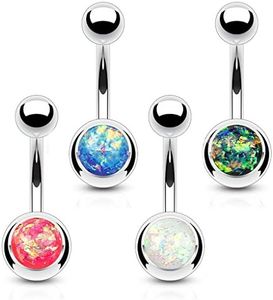 FIFTH CUE 14G Synthetic Opal Glitter Set 316L Surgical Steel Naval Belly Button Ring (4pcs Value Pack (white, dark green, pink, blue))