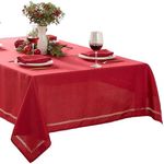 Newbridge Fabric Rectangle Tablecloth, 60 x 84 Inch, Christmas Provence Lattice Cutwork Solid Color Textured, Water and Stain Resistant Easy Care Fabric Table Cloth, Holiday Red