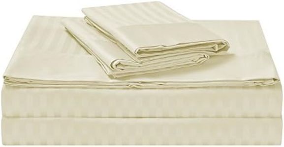 Luxury 1500TC Cotton Rich Stripe Sheet Set Fitted, Flat Sheets and Pillowcase(s) with Decorative Header Ivory Queen