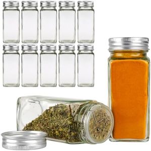 [PackMyProduct] 12 x Square Glass Spice Jars | 120ml Empty Reusable Seasoning Food Container Storage, Spices Jar, with Aluminum Cap and Shaker Insert