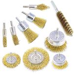 Wire Brushes Drills Set 10 pcs,Brass Coated Wire Brush Wheel, Cup Brush and Tube Brush Kit,10 Sizes Metal Brushes with 1/4 Inch Shank for Cleaning Rust,Removing Paint and Cleaning Wood (Gold)